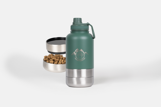 Shiroventure Thermoflasche - isolierte Flasche für Hund & Mensch, Grün; Ansicht von vorne mit Napf